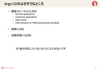 Argo CDのよさそうなところ
• 複数フォーマットに対応
• ksonnet applications
• kustomize applications
• helm charts
• Plain directory of YAML/json/jsonnet manifests
• 削除に対応
• 自動同期にも対応
23
※ 他が対応していないということではないです
 