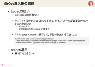 GitOps導入後の課題
• Secretの扱い
• GitHubにはあげれない
• デプロイするのがArgo CDになるので、別インストールが必要なソリュー
ションは使えない
• kubesecとか
• CRD使うSealed-Secretsならできる？
• AWS Secret Managerに保存して、手動で作成することにした
• Branch運用
• 複雑になりそう・・・
30
kubectl create -n stg secret generic myapp-prod-secret 
--from-literal=DB_PASSWORD=$(aws secretsmanager get-secret-value --secret-id prod/myapp/db 
--region ap-northeast-1 | jq --raw-output '.SecretString' | jq -r .password)
 