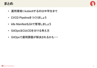 まとめ
• 運用環境にkubectlするのは中学生まで
• CI/CD Pipelineをつくりましょう
• k8s ManifestもGitで管理しましょう
• GitOpsはCIとCDを分ける考え方
• GitOpsで運用課題が解決されるかも・・・
31
 