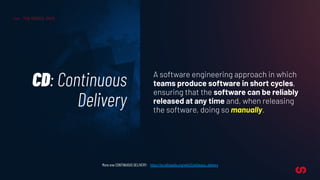 CD: Continuous
Delivery
THE BASICS: CICD
More one CONTINUOUS DELIVERY: https://en.wikipedia.org/wiki/Continuous_delivery
A...