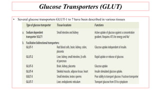 Glucose Transporters (GLUT)
• Several glucose transporters GLUT-1 to 7 have been described in various tissues
 