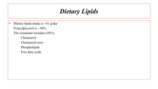 Dietary Lipids
• Dietary lipids intake is ~81 g/day
Triacylglycerol is ~ 90%
The remainder includes (10%):
Cholesterol
Cholesterol ester
Phospholipids
Free fatty acids
 