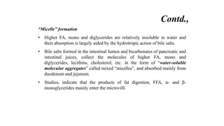 “Micelle” formation
• Higher FA, mono and diglycerides are relatively insoluble in water and
their absorption is largely aided by the hydrotropic action of bile salts.
• Bile salts formed in the intestinal lumen and bicarbonates of pancreatic and
intestinal juices, collect the molecules of higher FA, mono and
diglycerides, lecithins, cholesterol, etc. in the form of “water-soluble
molecular aggregates” called mixed “micelles”, and absorbed mainly from
duodenum and jejunum.
• Studies, indicate that the products of fat digestion, FFA, α- and β-
monoglycerides mainly enter the microvilli
Contd.,
 