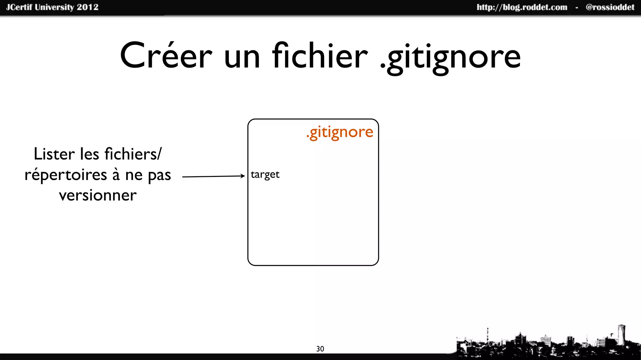 Créer un ﬁchier .gitignore
                                .gitignore
 Lister les ﬁchiers/
répertoires à ne pas   target
     versionner




                                 30
 