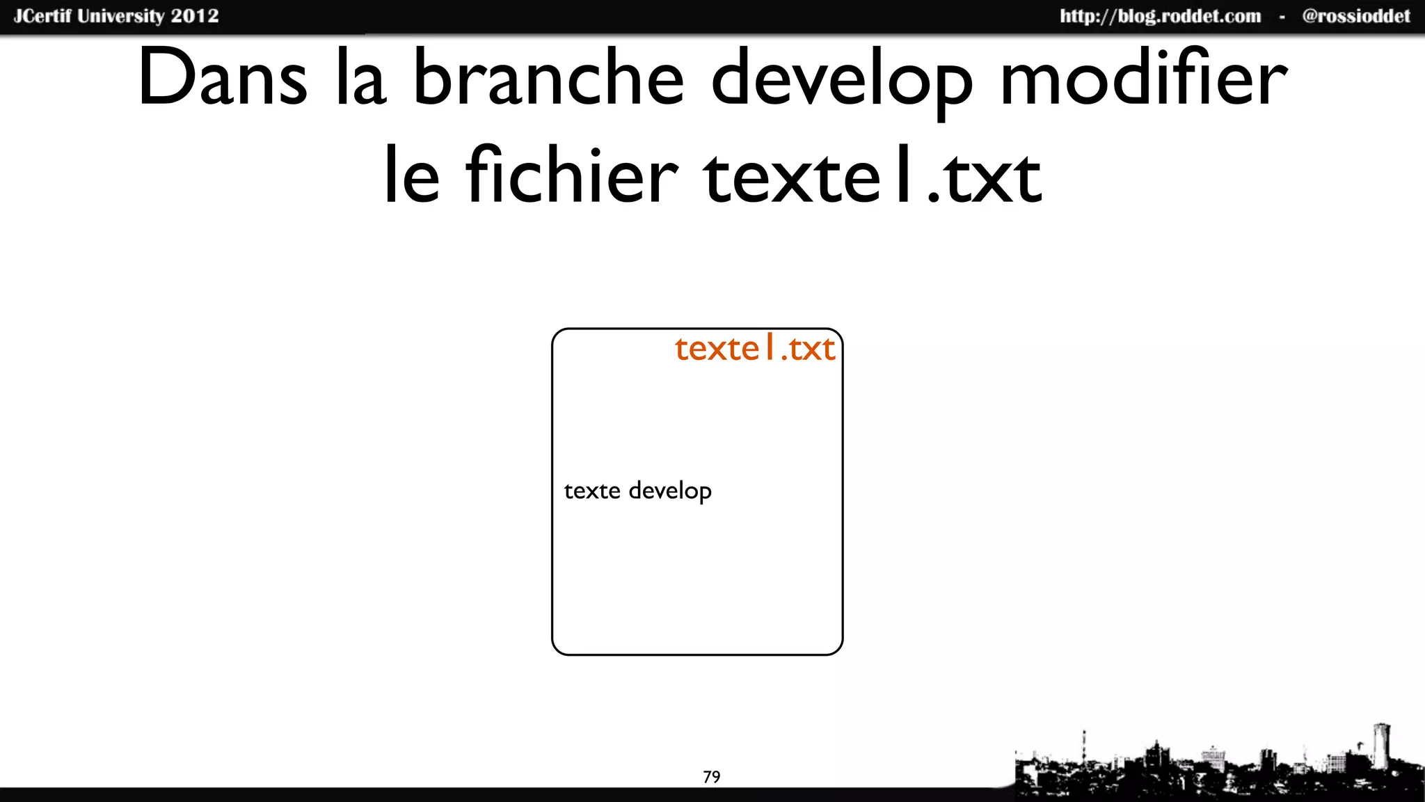 Dans la branche develop modiﬁer
       le ﬁchier texte1.txt
                    texte1.txt


           texte develop




                       79
 