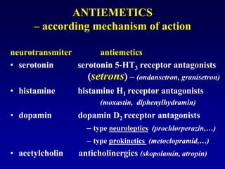 ANTIEMETICS
– according mechanism of action
neurotransmiter antiemetics
• serotonin serotonin 5-HT3 receptor antagonists
(setrons) – (ondansetron, granisetron)
• histamine histamine H1 receptor antagonists
(moxastin, diphenylhydramin)
• dopamin dopamin D2 receptor antagonists
– type neuroleptics (prochlorperazin,…)
– type prokinetics (metoclopramid,…)
• acetylcholin anticholinergics (skopolamin, atropin)
 