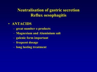 Neutralisation of gastric secretion
Reflux oesophagitis
• ANTACIDS
– great number o products
– Magnesium and Aluminium salt
– galenic form important
– frequent dosage
– long lasting treatment
 