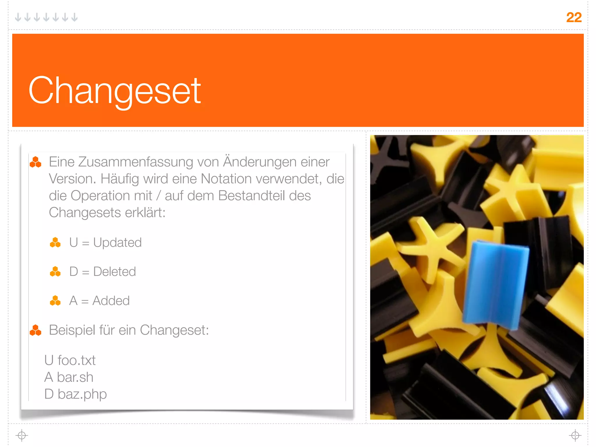 22




Changeset
 Eine Zusammenfassung von Änderungen einer
 Version. Häuﬁg wird eine Notation verwendet, die
 die Operation mit / auf dem Bestandteil des
 Changesets erklärt:

    U = Updated

    D = Deleted

    A = Added

 Beispiel für ein Changeset:

U foo.txt
A bar.sh
D baz.php
 