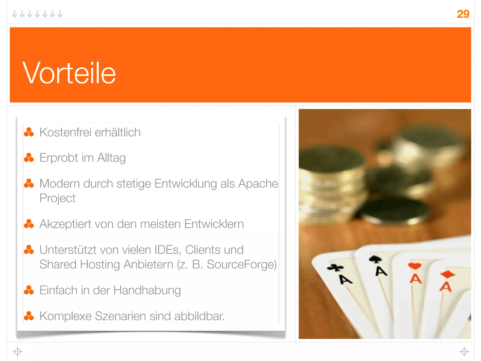 29




Vorteile
 Kostenfrei erhältlich

 Erprobt im Alltag

 Modern durch stetige Entwicklung als Apache
 Project

 Akzeptiert von den meisten Entwicklern

 Unterstützt von vielen IDEs, Clients und
 Shared Hosting Anbietern (z. B. SourceForge)

 Einfach in der Handhabung

 Komplexe Szenarien sind abbildbar.
 