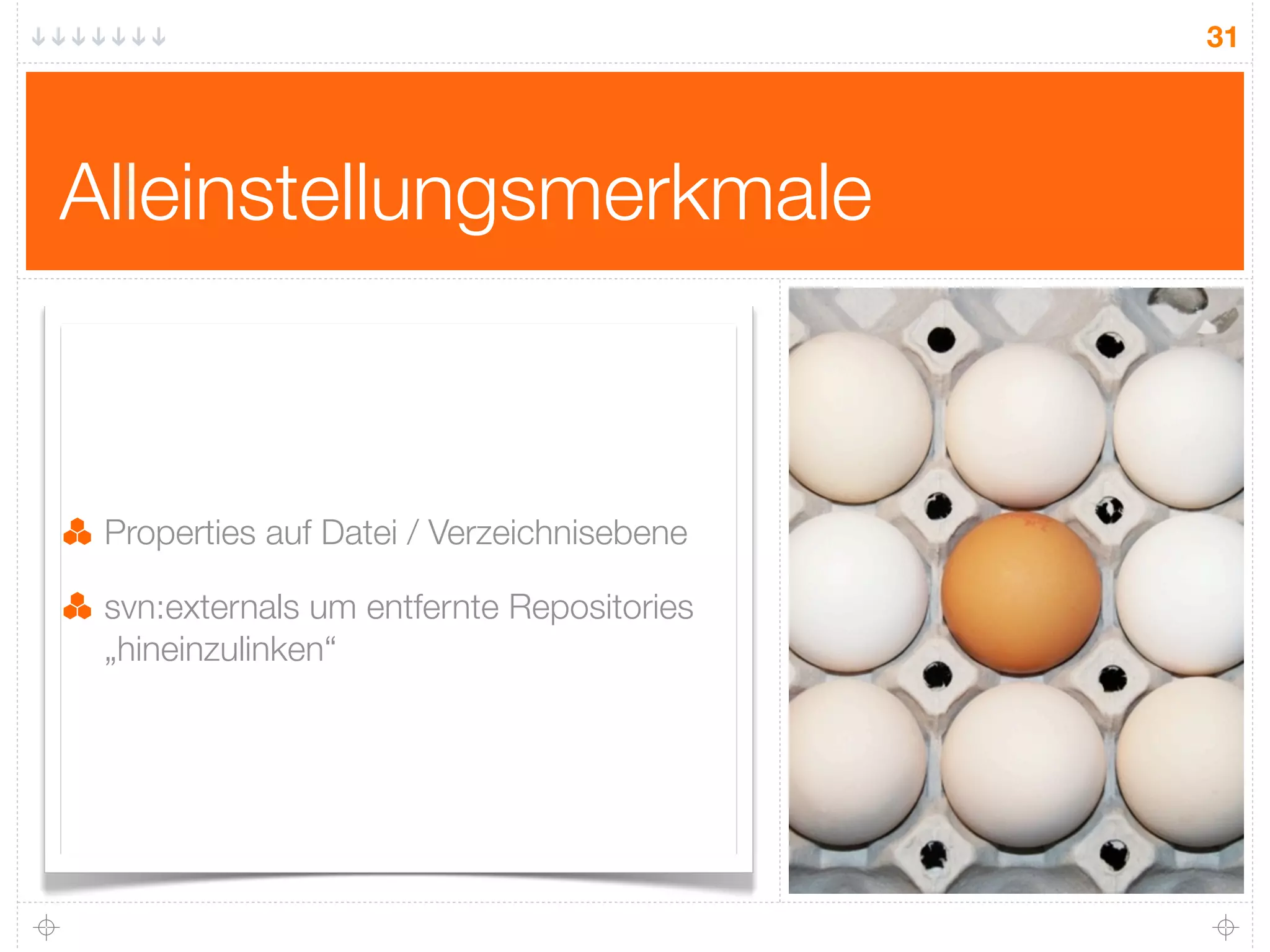 31




Alleinstellungsmerkmale



 Properties auf Datei / Verzeichnisebene

 svn:externals um entfernte Repositories
 „hineinzulinken“
 