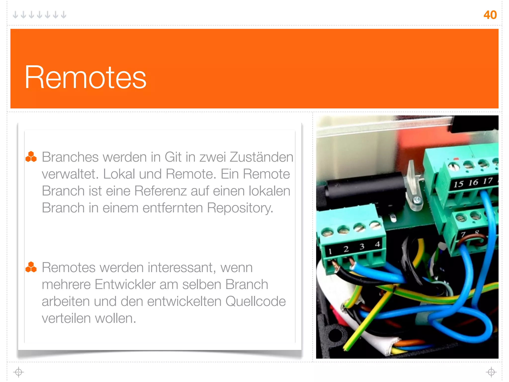 40




Remotes

 Branches werden in Git in zwei Zuständen
 verwaltet. Lokal und Remote. Ein Remote
 Branch ist eine Referenz auf einen lokalen
 Branch in einem entfernten Repository.



 Remotes werden interessant, wenn
 mehrere Entwickler am selben Branch
 arbeiten und den entwickelten Quellcode
 verteilen wollen.
 