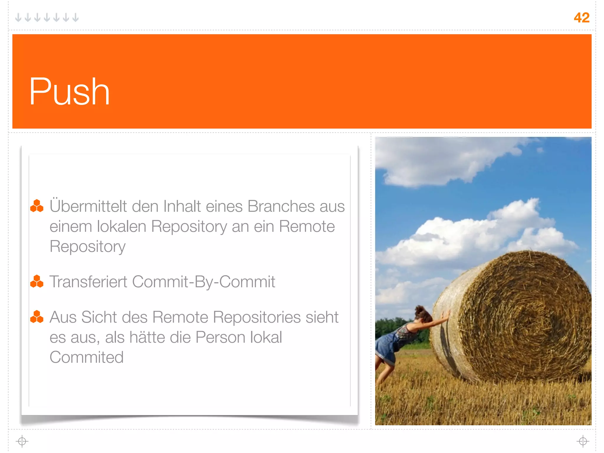 42




Push

 Übermittelt den Inhalt eines Branches aus
 einem lokalen Repository an ein Remote
 Repository

 Transferiert Commit-By-Commit

 Aus Sicht des Remote Repositories sieht
 es aus, als hätte die Person lokal
 Commited
 