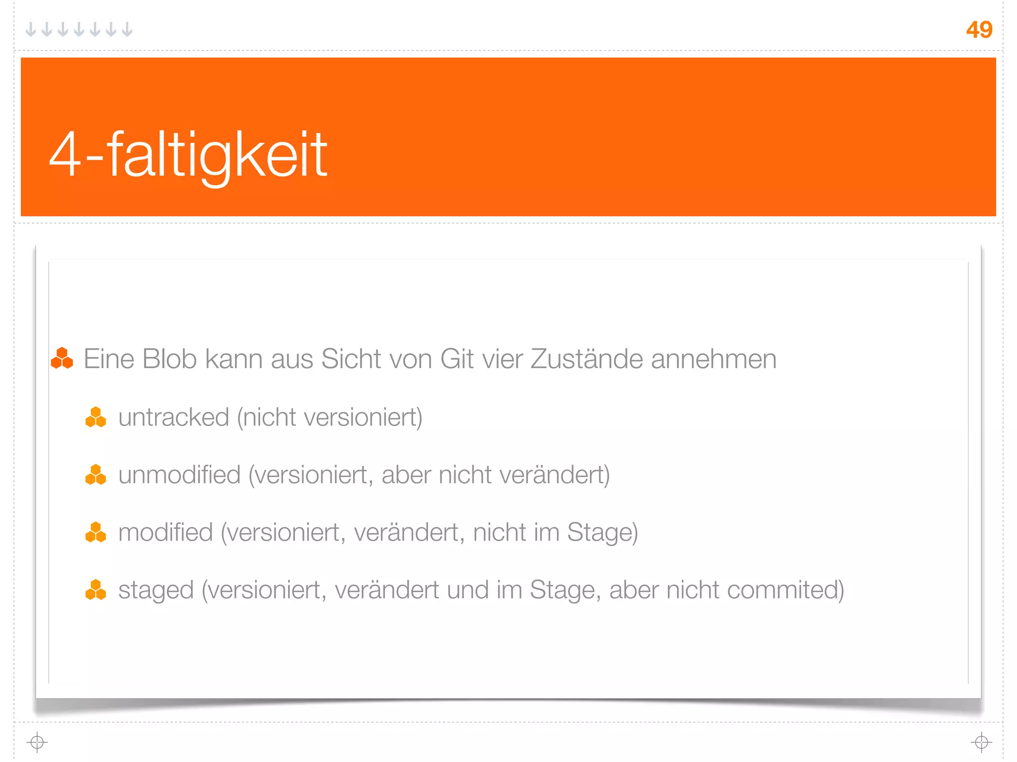 49




4-faltigkeit


 Eine Blob kann aus Sicht von Git vier Zustände annehmen

   untracked (nicht versioniert)

   unmodiﬁed (versioniert, aber nicht verändert)

   modiﬁed (versioniert, verändert, nicht im Stage)

   staged (versioniert, verändert und im Stage, aber nicht commited)
 