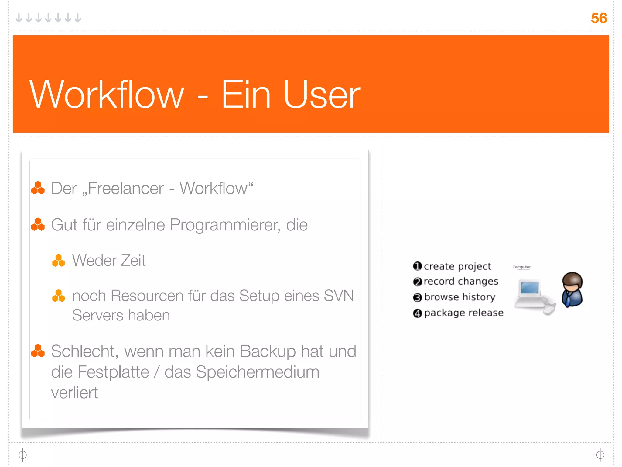 56




Workﬂow - Ein User

 Der „Freelancer - Workﬂow“

 Gut für einzelne Programmierer, die

   Weder Zeit

   noch Resourcen für das Setup eines SVN
   Servers haben

 Schlecht, wenn man kein Backup hat und
 die Festplatte / das Speichermedium
 verliert
 