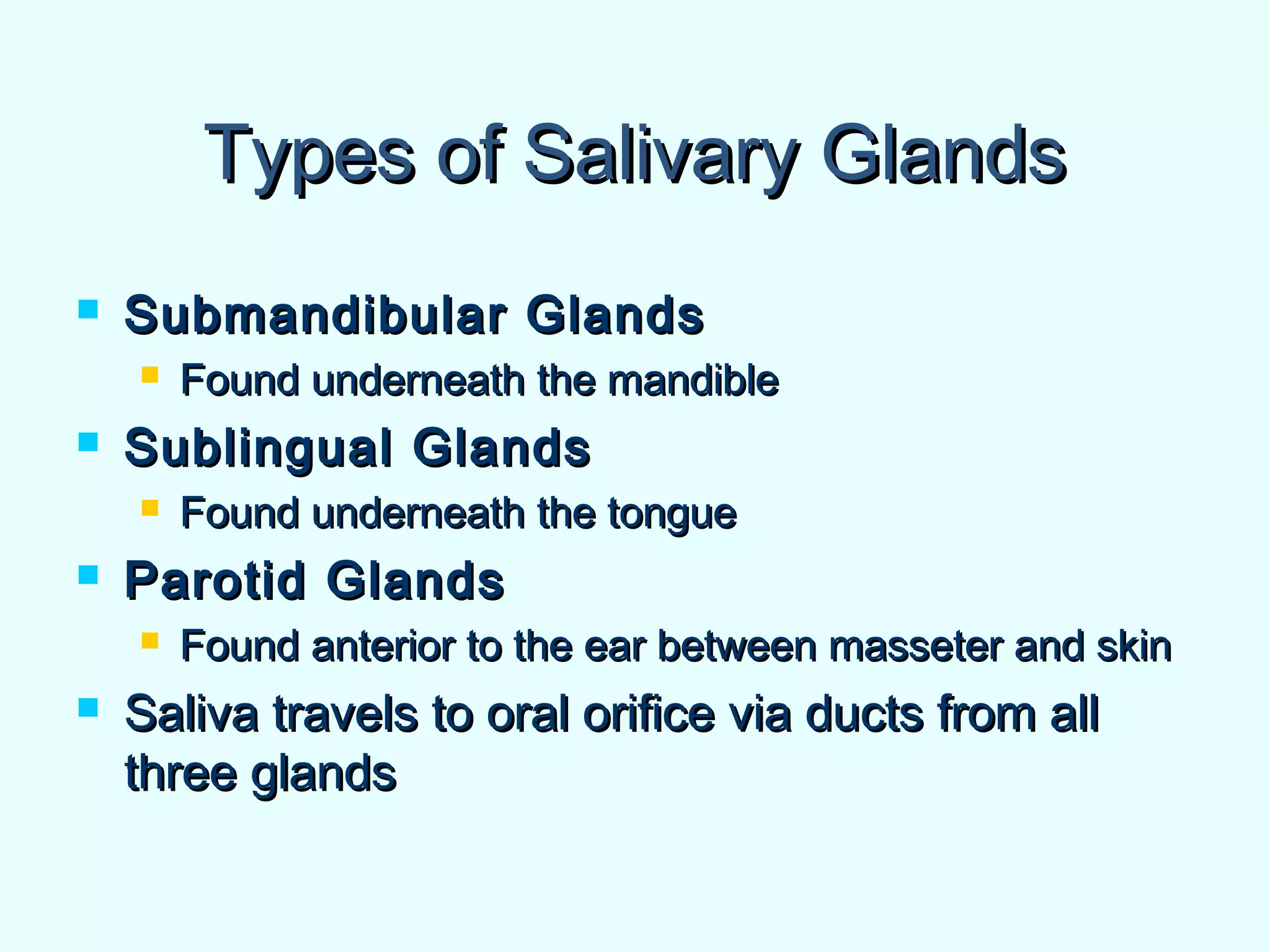 Types of Salivary GlandsTypes of Salivary Glands
 Submandibular GlandsSubmandibular Glands
 Found underneath the mandibleFound underneath the mandible
 Sublingual GlandsSublingual Glands
 Found underneath the tongueFound underneath the tongue
 Parotid GlandsParotid Glands
 Found anterior to the ear between masseter and skinFound anterior to the ear between masseter and skin
 Saliva travels to oral orifice via ducts from allSaliva travels to oral orifice via ducts from all
three glandsthree glands
 