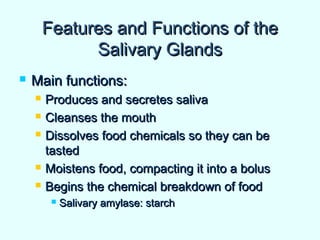 Features and Functions of theFeatures and Functions of the
Salivary GlandsSalivary Glands
 Main functions:Main functions:
 Produces and secretes salivaProduces and secretes saliva
 Cleanses the mouthCleanses the mouth
 Dissolves food chemicals so they can beDissolves food chemicals so they can be
tastedtasted
 Moistens food, compacting it into a bolusMoistens food, compacting it into a bolus
 Begins the chemical breakdown of foodBegins the chemical breakdown of food
 Salivary amylase: starchSalivary amylase: starch
 
