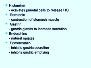  HistamineHistamine
- activates parietal cells to release HCl- activates parietal cells to release HCl
 SerotoninSerotonin
- contraction of stomach muscle- contraction of stomach muscle
 GastrinGastrin
- gastric glands to increase secretion- gastric glands to increase secretion
 EndorphinsEndorphins
- natural opiates- natural opiates
 SomatostatinSomatostatin
- inhibits gastric secretion- inhibits gastric secretion
- inhibits gastric emptying- inhibits gastric emptying
 