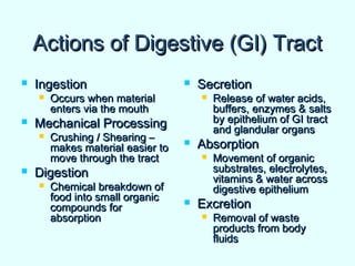 Actions of Digestive (GI) TractActions of Digestive (GI) Tract
 IngestionIngestion
 Occurs when materialOccurs when material
enters via the mouthenters via the mouth
 Mechanical ProcessingMechanical Processing
 Crushing / Shearing –Crushing / Shearing –
makes material easier tomakes material easier to
move through the tractmove through the tract
 DigestionDigestion
 Chemical breakdown ofChemical breakdown of
food into small organicfood into small organic
compounds forcompounds for
absorptionabsorption
 SecretionSecretion
 Release of water acids,Release of water acids,
buffers, enzymes & saltsbuffers, enzymes & salts
by epithelium of GI tractby epithelium of GI tract
and glandular organsand glandular organs
 AbsorptionAbsorption
 Movement of organicMovement of organic
substrates, electrolytes,substrates, electrolytes,
vitamins & water acrossvitamins & water across
digestive epitheliumdigestive epithelium
 ExcretionExcretion
 Removal of wasteRemoval of waste
products from bodyproducts from body
fluidsfluids
 