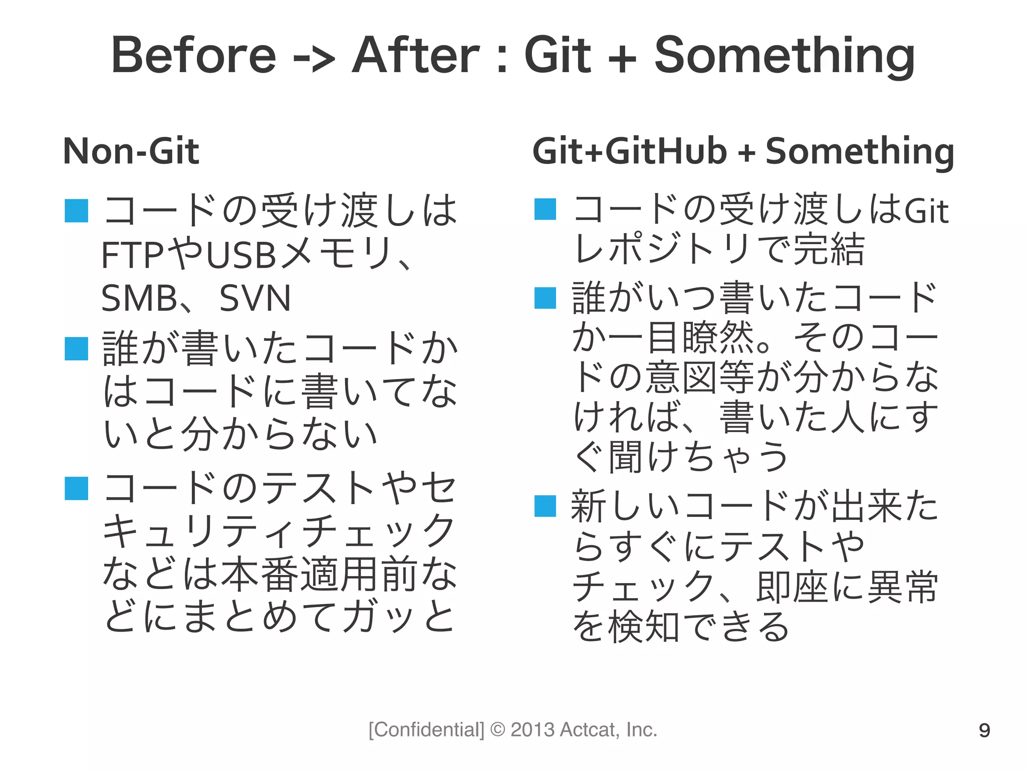 [Conﬁdential] © 2013 Actcat, Inc.
Before -> After : Git + Something
Non-­‐Git
n コードの受け渡しは
FTPやUSBメモリ、
SMB、SVN	
  
n 誰が書いたコードか
はコードに書いてな
いと分からない	
  
n コードのテストやセ
キュリティチェック
などは本番適用前な
どにまとめてガッと
Git+GitHub	
  +	
  Something
n  コードの受け渡しはGit
レポジトリで完結	
  
n  誰がいつ書いたコード
か一目瞭然。そのコー
ドの意図等が分からな
ければ、書いた人にす
ぐ聞けちゃう	
  
n  新しいコードが出来た
らすぐにテストや
チェック、即座に異常
を検知できる
9
 