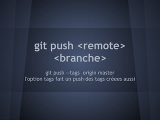 git push <remote>
         <branche>
          git push --tags origin master
l'option tags fait un push des tags créees aussi
 