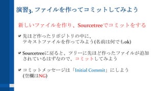 演習3. ファイルを作ってコミットしてみよう
新しいファイルを作り、Sourcetreeでコミットをする
先ほど作ったリポジトリの中に、
テキストファイルを作ってみよう(名前は何でもok)
Sourcetreeに戻ると、ツリーに先ほど作ったファイルが追加
されているはずなので、コミットしてみよう
コミットメッセージは「Initial Commit」にしよう
(空欄はNG)
 