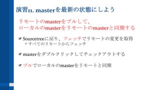 演習11. masterを最新の状態にしよう
リモートのmasterをプルして、
ローカルのmasterをリモートのmasterと同期する
Sourcetreeに戻り、フェッチでリモートの変更を取得
すべてのリモートからフェッチ
masterをダブルクリックしてチェックアウトする
プルでローカルのmasterをリモートと同期
 