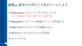 演習12. 相手のリポジトリをクローンしよう
Collaboratorになっているリポジトリを
ローカルにコピー(クローン)する
Sourcetreeでファイル→新規/クローンを作成する
URLに相手のリポジトリのURLを入力
保存先のパスに空のフォルダを指定
クローンする
 