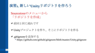 演習1. 新しいUnityリポジトリを作ろう
Sourcetreeのメニューから
「リポジトリを作成」
前回と同じ流れです
Unityプロジェクトを作り、そこにリポジトリを作る
.gitignoreを追加する
https://github.com/github/gitignore/blob/master/Unity.gitignore
 