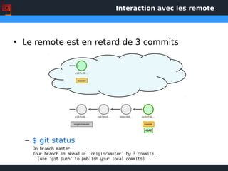 Interaction avec les remote
• Le remote est en retard de 3 commits
– $ git status
 