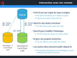 Interaction avec les remote
Fork B
Developer B
Local Repo
(.git)
git fetch
git pull
git push
Developer X
Local Repo
(.git)
git fetch
git pull
• Fork B est une copie du repo d origine
• Pas besoin de droits sur le depot d origine
• B gere ses propres droits d'acces
• Seul B a les droits d écriture
• Pas de risque qu'on casse son repo
• Seul B peut modifier l'historique
• Pas de risque de casser les autres repos
• B gere ses propres branches
• Pas de collision avec celles des autres
• Les autres devs peuvent puller depuis B
• Permet des interactions entre développeurs avec
seulement des droits d'écriture
 