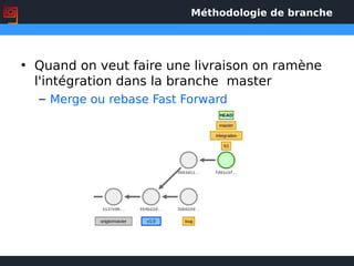 Méthodologie de branche
• Quand on veut faire une livraison on ramène
l'intégration dans la branche master
– Merge ou rebase Fast Forward
 