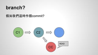 branch? 
假如我們這時作個commit? 
C1 C2 
HEAD 
CC 
 