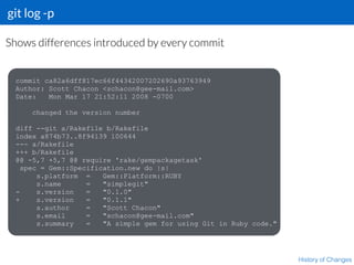git log -p
History of Changes
Shows differences introduced by every commit
commit ca82a6dff817ec66f44342007202690a93763949
Author: Scott Chacon <schacon@gee-mail.com>
Date: Mon Mar 17 21:52:11 2008 -0700
changed the version number
diff --git a/Rakefile b/Rakefile
index a874b73..8f94139 100644
--- a/Rakefile
+++ b/Rakefile
@@ -5,7 +5,7 @@ require 'rake/gempackagetask'
spec = Gem::Specification.new do |s|
s.platform = Gem::Platform::RUBY
s.name = "simplegit"
- s.version = "0.1.0"
+ s.version = "0.1.1"
s.author = "Scott Chacon"
s.email = "schacon@gee-mail.com"
s.summary = "A simple gem for using Git in Ruby code."
 