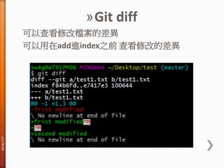 »Git diff
可以查看修改檔案的差異
可以用在add進index之前 查看修改的差異
2016/7/7
 