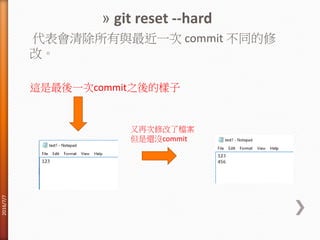 » git reset --hard
代表會清除所有與最近一次 commit 不同的修
改。
這是最後一次commit之後的樣子
又再次修改了檔案
但是還沒commit
2016/7/7
 