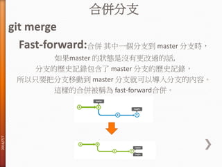 合併分支
git merge
Fast-forward:合併 其中一個分支到 master 分支時，
如果master 的狀態是沒有更改過的話,
分支的歷史記錄包含了 master 分支的歷史記錄，
所以只要把分支移動到 master 分支就可以導入分支的內容。
這樣的合併被稱為 fast-forward合併。
2016/7/7
 