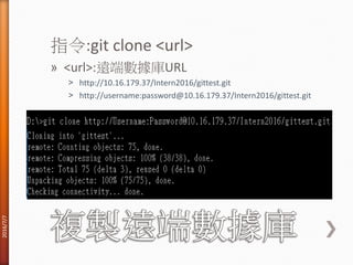 指令:git clone <url>
» <url>:遠端數據庫URL
˃ http://10.16.179.37/Intern2016/gittest.git
˃ http://username:password@10.16.179.37/Intern2016/gittest.git
2016/7/7
 