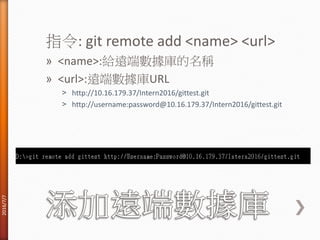 指令: git remote add <name> <url>
» <name>:給遠端數據庫的名稱
» <url>:遠端數據庫URL
˃ http://10.16.179.37/Intern2016/gittest.git
˃ http://username:password@10.16.179.37/Intern2016/gittest.git
2016/7/7
 