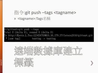 指令:git push –tags <tagname>
» <tagname>:Tags名稱
2016/7/7
 