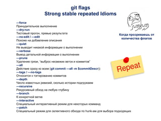 git flags
Strong stable repeated Idioms
—force
Принудительное выполнение
—dry-run
Тестовый прогон, превью результата
—no-edit / —edit
Похоже на добавление описания
—quiet
Не выводит никакой информации о выполнении
—verbose
Вывод детальной информации о выполнении
—prune
Удаление грязи, “выброс несвежих веток и коммитов”
—all
Действие сразу ко всем (git commit —all -m $commitDescr))
—tags / —no-tags
Относится к тэггированию коммитов
—depth
Число известных ревизий, сколько истории подгружаем
—recursive
Рекурсивный обход на любую глубину
—branch
К конкретной ветке
—interactive
Специальный интерактивный режим для некоторых комманд
—patch
Специальный режим для селективного обхода по hunk-ам для выбора подходящих
Когда прозреваешь от
количества флагов
 