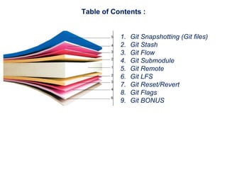 Table of Contents :
1. Git Snapshotting (Git files)
2. Git Stash
3. Git Flow
4. Git Submodule
5. Git Remote
6. Git LFS
7. Git Reset/Revert
8. Git Flags
9. Git BONUS
 