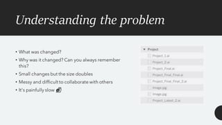 Understanding the problem
• What was changed?
• Why was it changed? Can you always remember
this?
• Small changes but the size doubles
• Messy and difficult to collaborate with others
• It's painfully slow 🐌
 