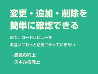 変更・追加・削除を
簡単に確認できる
ので、コードレビューを
お互いにもっと活発にやっていきたい
→品質の向上
→スキルの向上
 