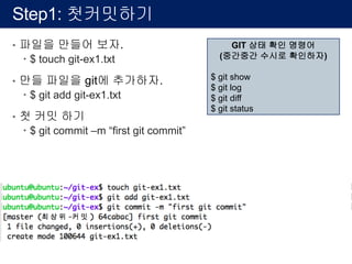 Step1: 첫커밋하기
• 파일을 만들어 보자.
– $ touch git-ex1.txt
• 만들 파일을 git에 추가하자.
– $ git add git-ex1.txt
• 첫 커밋 하기
– $ git commit –m “first git commit”
GIT 상태 확인 명령어
(중간중간 수시로 확인하자)
$ git show
$ git log
$ git diff
$ git status
 