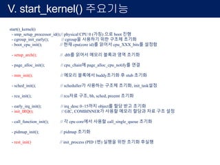 V. start_kernel() 주요기능
start()_kernel()
- smp_setup_processor_id();// physical CPU 0 (가칭) 으로 boot 진행
- cgroup_init_early(); // cgroup을 사용하기 위한 구조체 초기화
- boot_cpu_init(); // 현재 cpu(core id)를 읽어서 cpu_XXX_bits를 설정함
- setup_arch(); // dtb를 읽어서 메모리 블록과 영역 초기화
- page_alloc_init(); // cpu_chain에 page_alloc_cpu_notify를 연결
- mm_init(); // 메모리 블록에서 buddy초기화 후 stub 초기화
- sched_init(); // scheduller가 사용하는 구조체 초기화, init_task설정
- rcu_init(); // rcu자료 구조, bh, sched, preemt 초기화
- early_irq_init(); // irq_desc 0~15까지 object를 할당 받고 초기화
- init_IRQ(); // GIC, COMBINNER가 사용할 메모리 할당과 자료 구조 설정
- call_function_init(); // 각 cpu core에서 사용할 call_single_queue 초기화
- pidmap_init(); // pidmap 초기화
- rest_init() // init_process (PID 1번) 실행을 위한 초기화 후실행
 