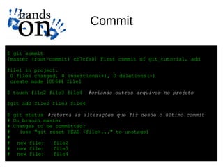 Commit

$ git commit
[master (root­commit) cb7cfe0] First commit of git_tutorial, add 

file1 in project.
 0 files changed, 0 insertions(+), 0 deletions(­)
 create mode 100644 file1

$ touch file2 file3 file4    #criando outros arquivos no projeto

$git add file2 file3 file4

$ git status #retorna as alterações que fiz desde o último commit
# On branch master
# Changes to be committed:
#   (use "git reset HEAD <file>..." to unstage)
#
# new file:   file2
# new file:   file3
# new file:   file4
 