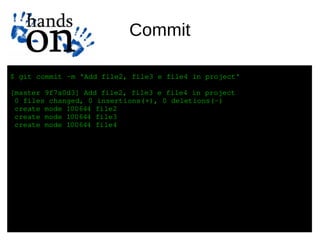 Commit

$ git commit ­m 'Add file2, file3 e file4 in project'

[master 9f7a0d3] Add file2, file3 e file4 in project
 0 files changed, 0 insertions(+), 0 deletions(­)
 create mode 100644 file2
 create mode 100644 file3
 create mode 100644 file4
 