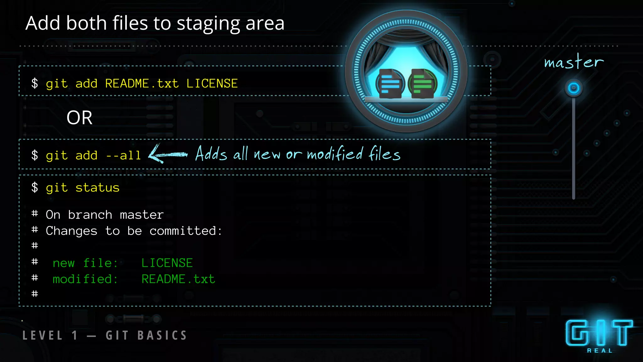 L E V E L 1 — G I T B A S I C S
$ git add README.txt LICENSE
$ git add --all
Add both ﬁles to staging area
Adds all new or modified files
OR
# On branch master
# Changes to be committed:
#
# new file: LICENSE
# modified: README.txt
#
$ git status
master
 
