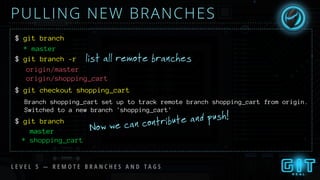 PULLING NEW BRANCHES
list all remote branches
Now we can contribute and push!
$ git branch
* master
$ git branch -r
origin/master
origin/shopping_cart
$ git checkout shopping_cart
Branch shopping_cart set up to track remote branch shopping_cart from origin.
Switched to a new branch 'shopping_cart'
$ git branch
master
* shopping_cart
L E V E L 5 — R E M O T E B R A N C H E S A N D T A G S
 
