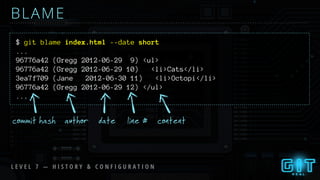 $ git blame index.html --date short
BLAME
commit hash author date line # content
L E V E L 7 — H I S T O R Y & C O N F I G U R A T I O N
...
96776a42 (Gregg 2012-06-29 9) <ul>
96776a42 (Gregg 2012-06-29 10) <li>Cats</li>
3ea7f709 (Jane 2012-06-30 11) <li>Octopi</li>
96776a42 (Gregg 2012-06-29 12) </ul>
...
 